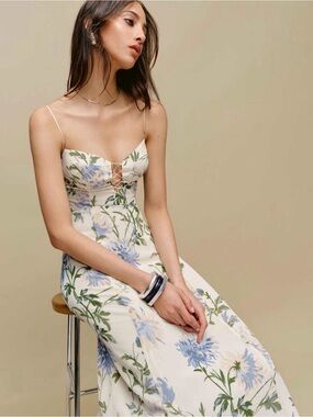 Reformation Emely Ivory Maxi Dress with Blue & Green Floral Print